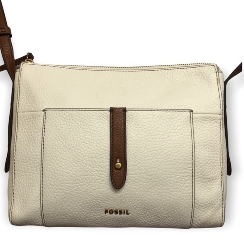 Fossil white and brown leather messenger bag
